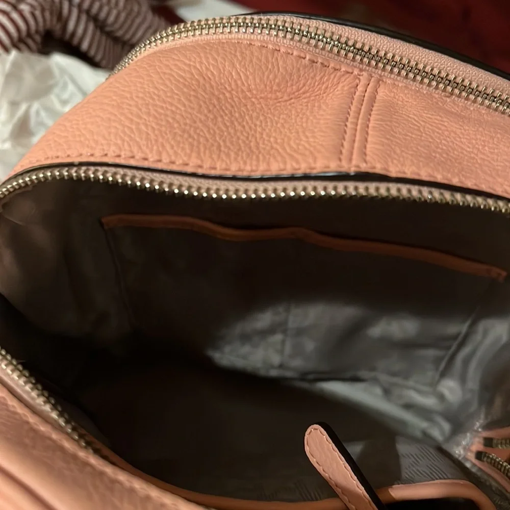 Michael Kors Rhea Medium Silver-Ringed Backpack with Fur Pompom in Coral…